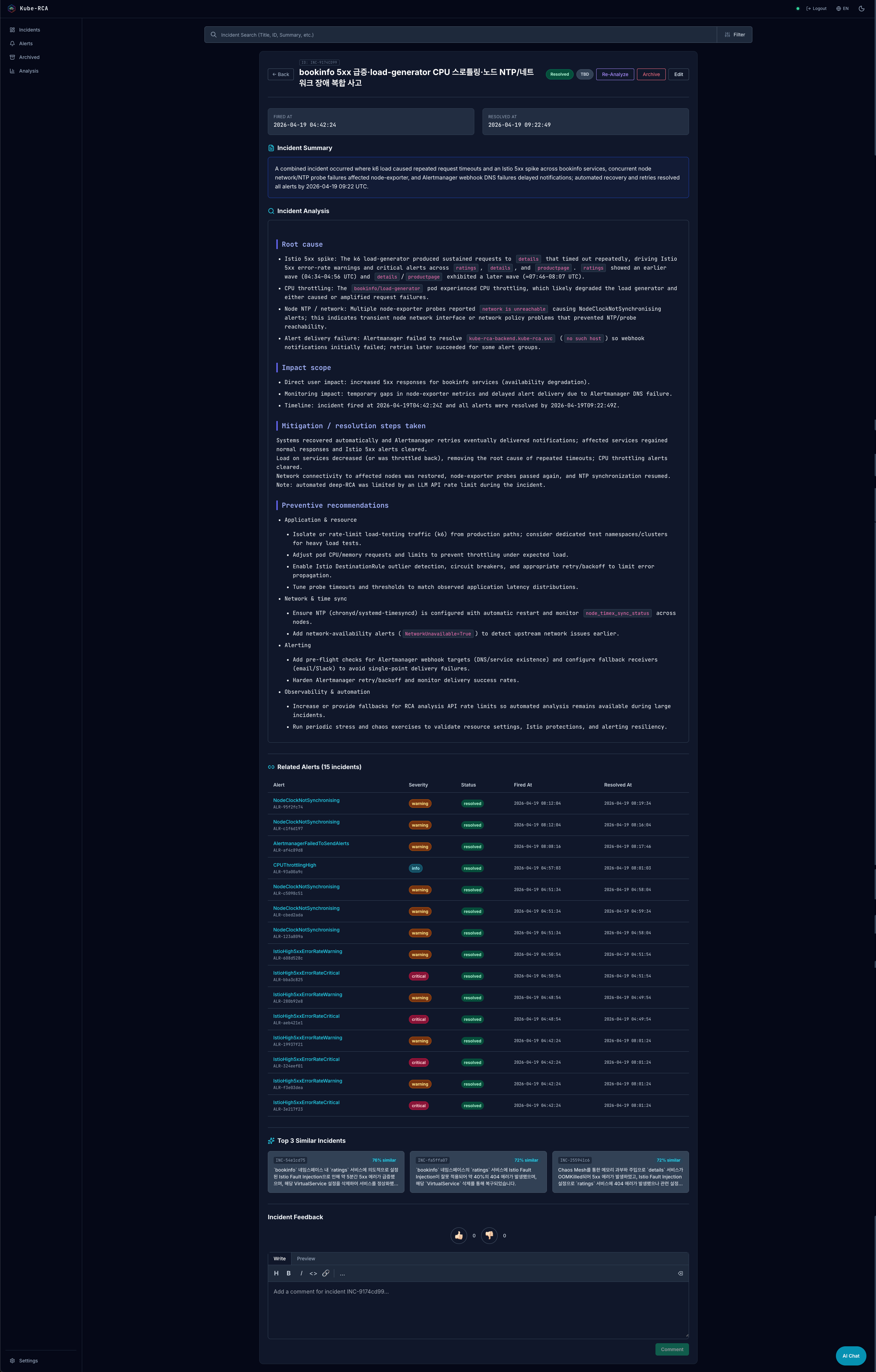 KubeRCA Incident Detail — an operational screen for reviewing impact, RCA, mitigation, and related alerts inside one incident